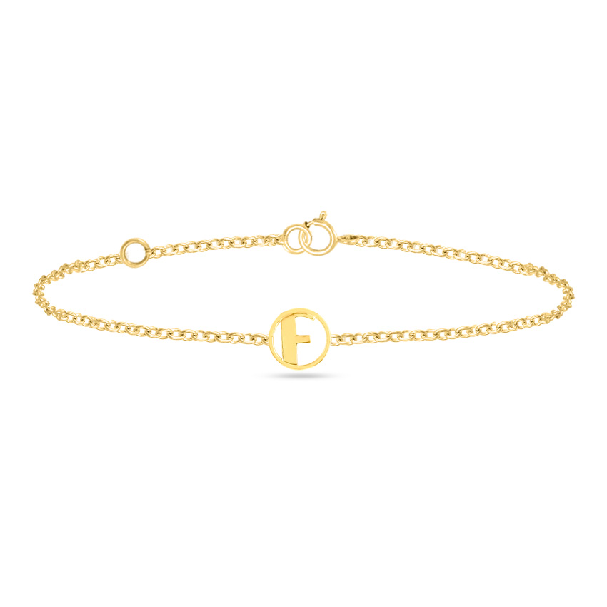 Gold Bracelets 14 Karat Yellow Gold Artsy Gold Alphabet F Bracelet
