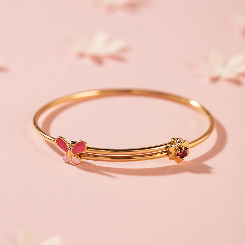Gemstone Baby Bangles 18 Karat Yellow Gold Flutter Butterfly Baby Gold Bangle