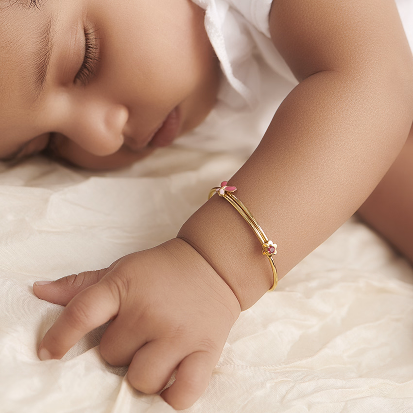 Gemstone Baby Bangles 18 Karat Yellow Gold Flutter Butterfly Baby Gold Bangle