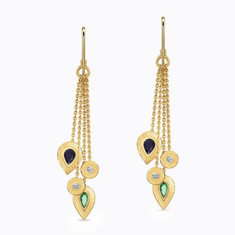 Mayur Gemstone Drop Earrings Diamond,Gemstone Earrings 18 Karat Yellow Gold Mayur Gemstone Drop Earrings
