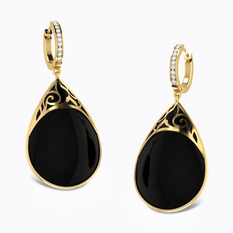 Midnight Black Gemstone Drop Earrings Diamond,Gemstone Earrings 18 Karat Yellow Gold Midnight Black Gemstone Drop Earrings