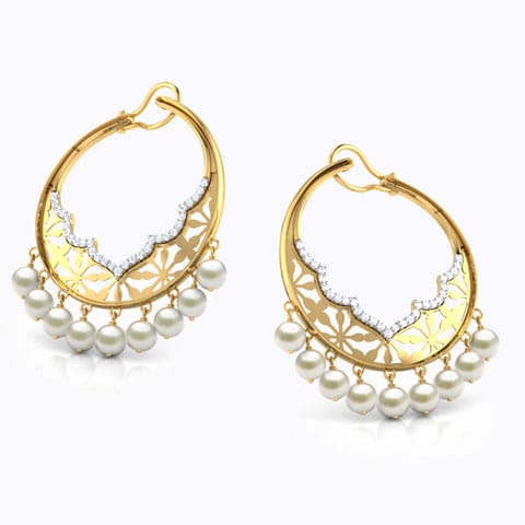 Bini Wavy Pearl Chand Bali Earrings Diamond,Gemstone Earrings 18 Karat Yellow Gold Bini Wavy Pearl Chand Bali Earrings