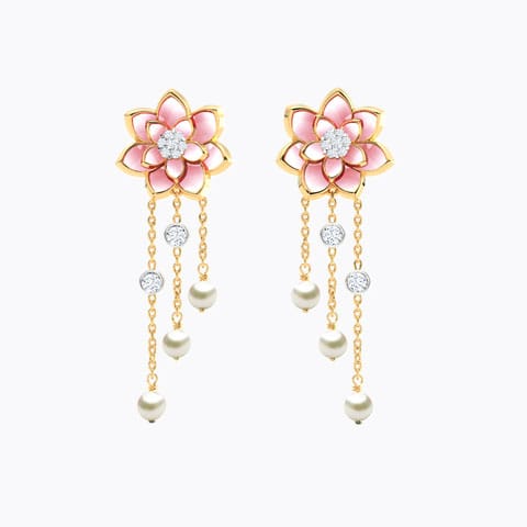 Lotus Pearl Drop Earrings Diamond,Gemstone Earrings 18 Karat Yellow Gold Lotus Pearl Drop Earrings