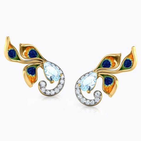 Princess Peacock Gemstone Ear Cuffs Diamond,Gemstone Earrings 18 Karat Yellow Gold Princess Peacock Gemstone Ear Cuffs