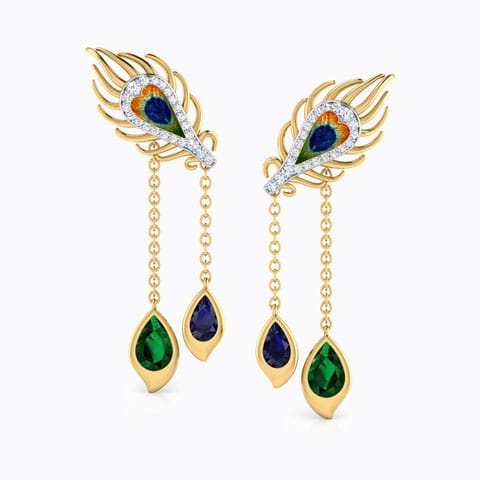 Peacock Dual Gemstone Drop Earrings Diamond,Gemstone Earrings 18 Karat Yellow Gold Peacock Dual Gemstone Drop Earrings
