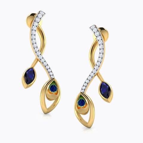 Entwined Peacock Gemstone Stud Earrings Diamond,Gemstone Earrings 18 Karat Yellow Gold Entwined Peacock Gemstone Stud Earrings