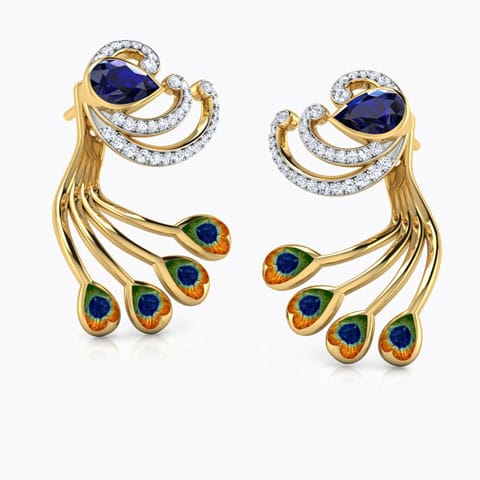 Glory Peacock Detachable Gemstone Drop Earrings Diamond,Gemstone Earrings 18 Karat Yellow Gold Glory Peacock Detachable Gemstone Drop Earrings