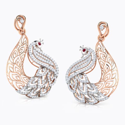 Peafowl Trellis Gemstone Drop Earrings Diamond,Gemstone Earrings 18 Karat Rose Gold Peafowl Trellis Gemstone Drop Earrings
