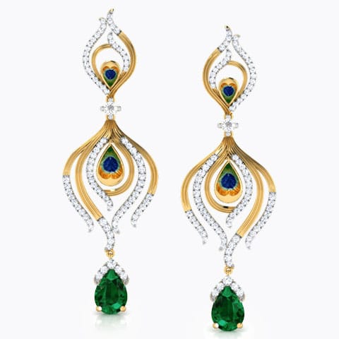 Peacock Pinion Gemstone Drop Earrings Diamond,Gemstone Earrings 18 Karat Yellow Gold Peacock Pinion Gemstone Drop Earrings