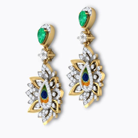 Flair Peacock Gemstone Drop Earrings Diamond,Gemstone Earrings 18 Karat Yellow Gold Flair Peacock Gemstone Drop Earrings