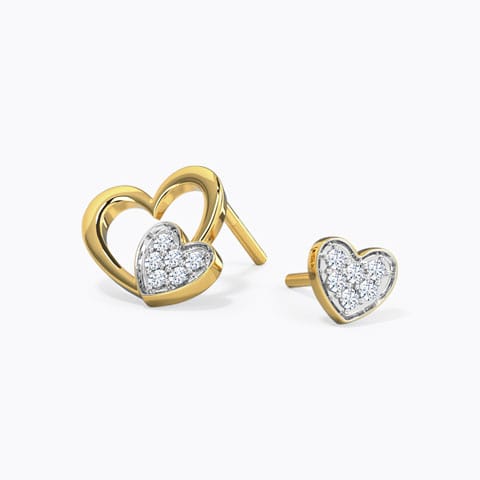 Heart & Heart Mismatched Diamond Stud Earrings Diamond Earrings 18 Karat Yellow Gold Heart & Heart Mismatched Diamond Stud Earrings