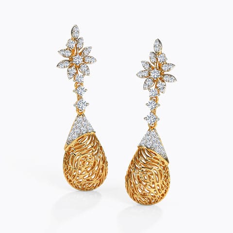 Alder Wood Grain Diamond Drop Earrings Diamond Earrings 18 Karat Yellow Gold Alder Wood Grain Diamond Drop Earrings