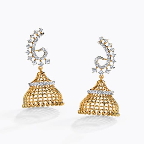 Scroll and Bead Diamond Jhumkas Diamond Earrings 18 Karat Yellow Gold Scroll and Bead Diamond Jhumkas