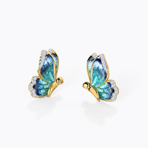 Flutter Blue Butterfly Diamond Stud Earrings Diamond Earrings 18 Karat Yellow Gold Flutter Blue Butterfly Diamond Stud Earrings