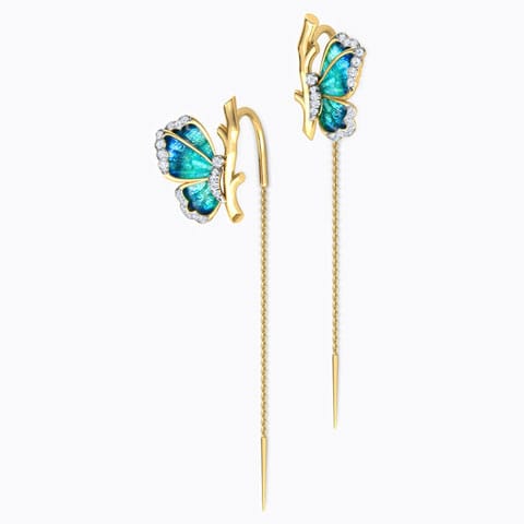 Flutter Blue Butterfly Diamond Sui Dhaga Diamond Earrings 18 Karat Yellow Gold Flutter Blue Butterfly Diamond Sui Dhaga