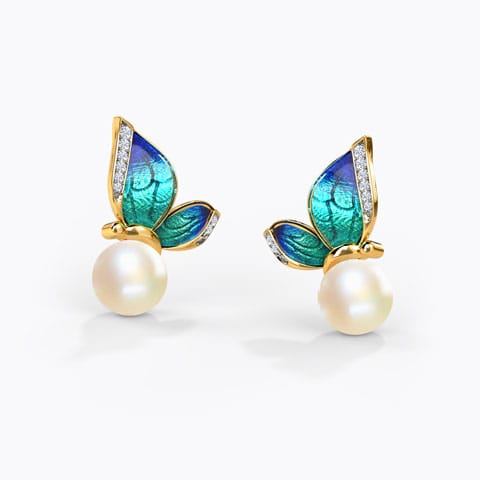 Perched Blue Butterfly Pearl Stud Earrings Diamond,Gemstone Earrings 18 Karat Yellow Gold Perched Blue Butterfly Pearl Stud Earrings