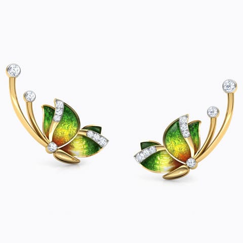 Flitter Green Butterfly Diamond Ear Cuffs Diamond Earrings 18 Karat Yellow Gold Flitter Green Butterfly Diamond Ear Cuffs