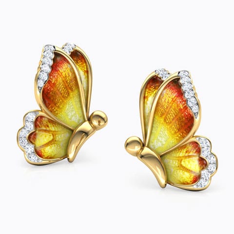 Flutter Orange Butterfly Diamond Stud Earrings Diamond Earrings 18 Karat Yellow Gold Flutter Orange Butterfly Diamond Stud Earrings