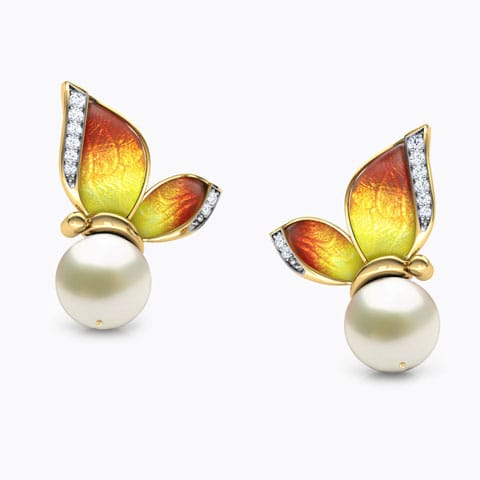 Perched Orange Butterfly Pearl Stud Earrings Diamond,Gemstone Earrings 18 Karat Yellow Gold Perched Orange Butterfly Pearl Stud Earrings