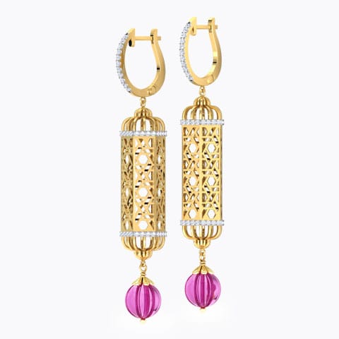 Hawa Jharokha Gemstone Drop Earrings Diamond,Gemstone Earrings 18 Karat Yellow Gold Hawa Jharokha Gemstone Drop Earrings