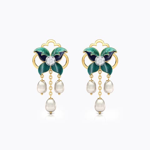 Aamira Iris Pearl Drop Earrings Diamond,Gemstone Earrings 18 Karat Yellow Gold Aamira Iris Pearl Drop Earrings