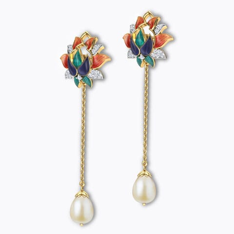 Fahima Lotus Pearl Drop Earrings Diamond,Gemstone Earrings 18 Karat Yellow Gold Fahima Lotus Pearl Drop Earrings