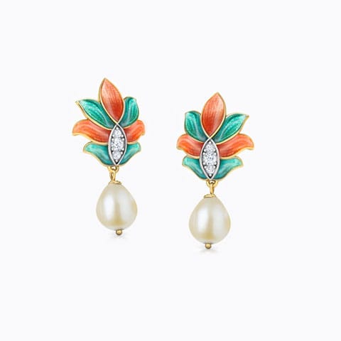 Samira Lotus Pearl Drop Earrings Diamond,Gemstone Earrings 18 Karat Yellow Gold Samira Lotus Pearl Drop Earrings