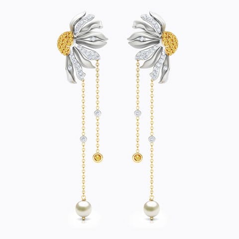 Gazania Floret Gemstone Drop Earrings Diamond,Gemstone Earrings 18 Karat Two Tone Gold Gazania Floret Gemstone Drop Earrings
