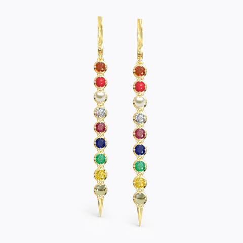 Linear Navratna Gemstone Drop Earrings Diamond,Gemstone Earrings 18 Karat Yellow Gold Linear Navratna Gemstone Drop Earrings