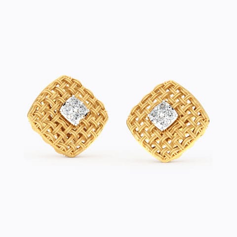 Checkered Twill Diamond Stud Earrings Diamond Earrings 18 Karat Yellow Gold Checkered Twill Diamond Stud Earrings