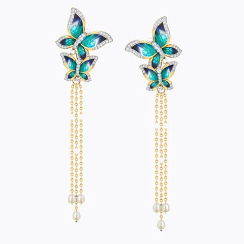 Majestic Blue Butterfly Diamond Drop Earrings Diamond,Gemstone Earrings 18 Karat Yellow Gold Majestic Blue Butterfly Diamond Drop Earrings