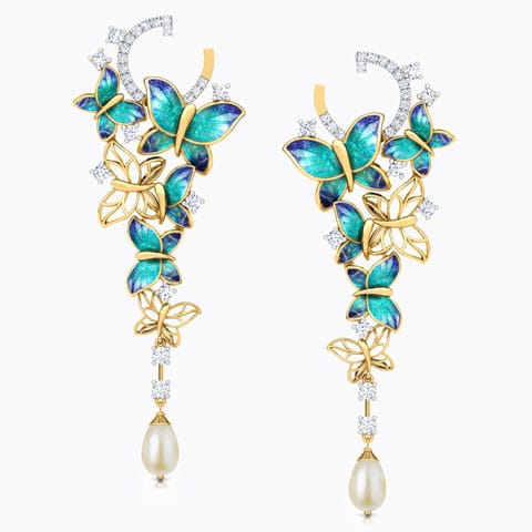 Glorious Blue Butterfly Pearl Drop Earrings Diamond,Gemstone Earrings 18 Karat Yellow Gold Glorious Blue Butterfly Pearl Drop Earrings
