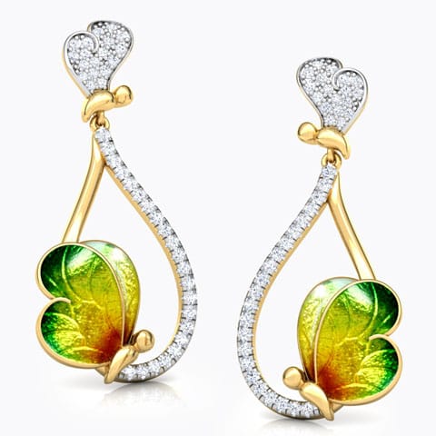 Opulent Green Butterfly Diamond Drop Earrings Diamond Earrings 18 Karat Yellow Gold Opulent Green Butterfly Diamond Drop Earrings