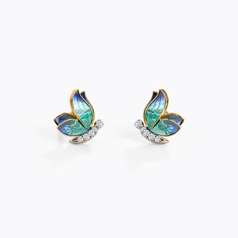 Petite Blue Butterfly Diamond Stud Earrings Diamond Earrings 18 Karat Yellow Gold Petite Blue Butterfly Diamond Stud Earrings