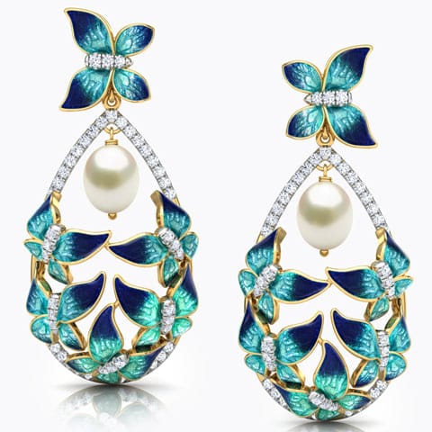 Elegant Blue Butterfly Pearl Drop Earrings Diamond,Gemstone Earrings 18 Karat Yellow Gold Elegant Blue Butterfly Pearl Drop Earrings