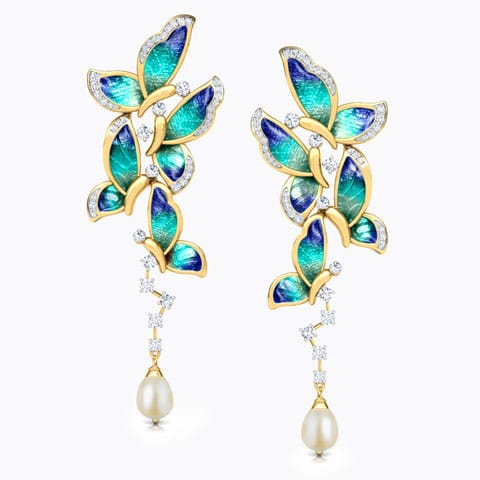 Blue Butterfly Pearl Drop Earrings Diamond,Gemstone Earrings 18 Karat Yellow Gold Blue Butterfly Pearl Drop Earrings
