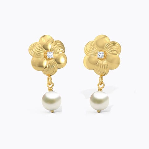 Bright Floral Pearl Drop Earrings Diamond,Gemstone Earrings 18 Karat Yellow Gold Bright Floral Pearl Drop Earrings