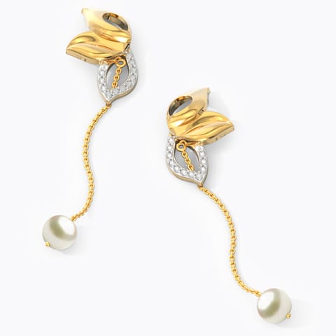 Exquisite Leaflet Pearl Drop Earrings Diamond,Gemstone Earrings 18 Karat Yellow Gold Exquisite Leaflet Pearl Drop Earrings