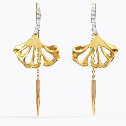 Elegant Ginkgo Diamond Sui Dhaga Diamond Earrings 14 Karat Yellow Gold Elegant Ginkgo Diamond Sui Dhaga