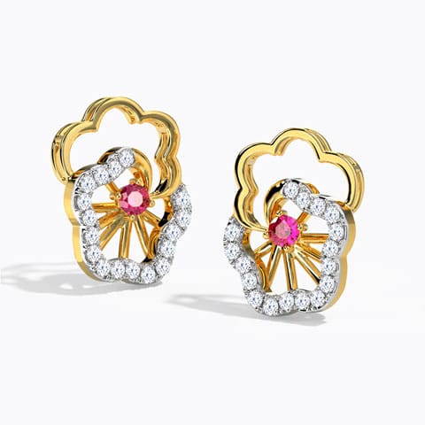 Pansy Floret Gemstone Stud Earrings Diamond,Gemstone Earrings 18 Karat Yellow Gold Pansy Floret Gemstone Stud Earrings