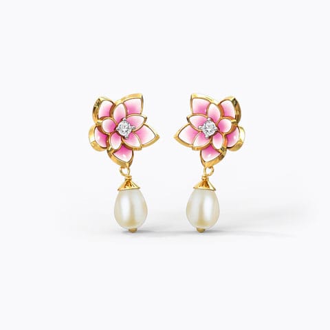 Magnificent Lotus Pearl Drop Earrings Diamond,Gemstone Earrings 18 Karat Yellow Gold Magnificent Lotus Pearl Drop Earrings