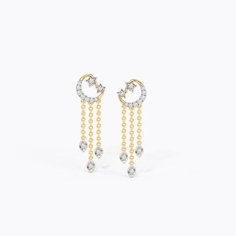 Crescent and Star Diamond Drop Earrings Diamond Earrings 14 Karat Yellow Gold Crescent and Star Diamond Drop Earrings