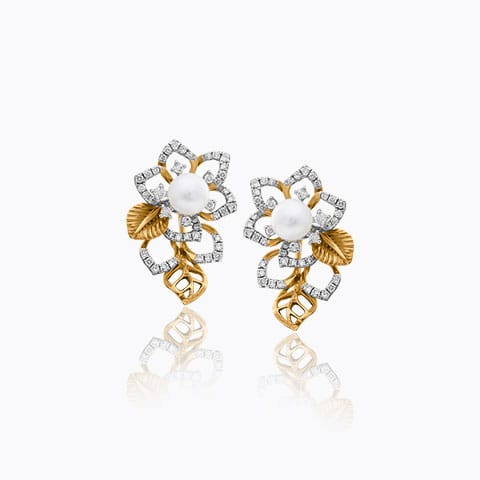 Ella Blossom Pearl Ear Cuff Diamond,Gemstone Earrings 18 Karat Two Tone Gold Ella Blossom Pearl Ear Cuff