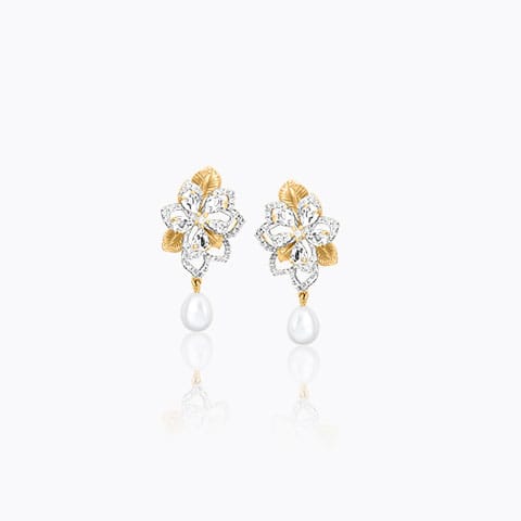 Floret Pearl Drop Earrings Diamond,Gemstone Earrings 18 Karat Two Tone Gold Floret Pearl Drop Earrings