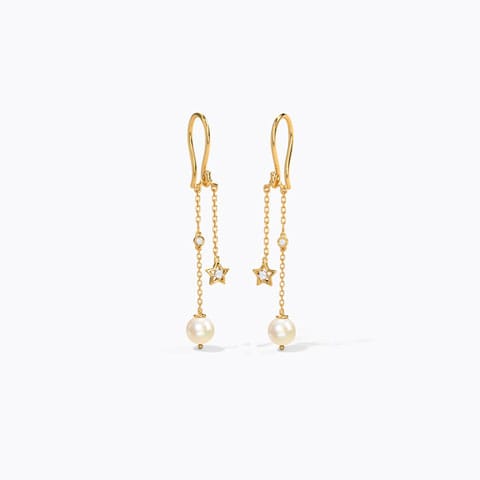 Swaying Pearl Drop Earrings Diamond,Gemstone Earrings 14 Karat Yellow Gold Swaying Pearl Drop Earrings