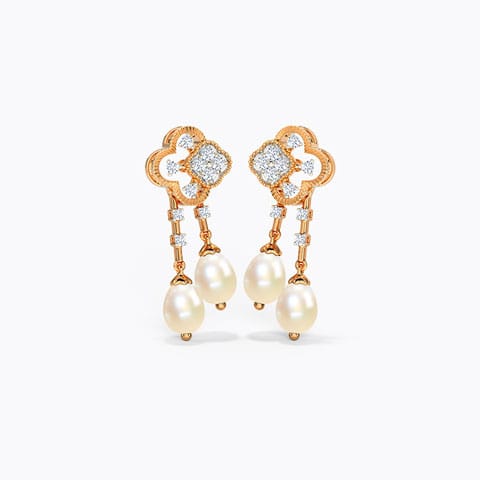 Florenca Clover Pearl Drop Earrings Diamond,Gemstone Earrings 14 Karat Yellow Gold Florenca Clover Pearl Drop Earrings