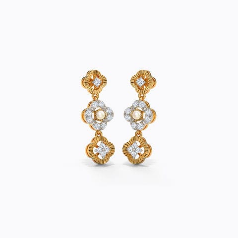 Flanica Clover Pearl Drop Earrings Diamond,Gemstone Earrings 14 Karat Yellow Gold Flanica Clover Pearl Drop Earrings