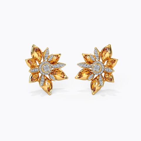 Glittering Bloom Gemstone Stud Earrings Diamond,Gemstone Earrings 14 Karat Yellow Gold Glittering Bloom Gemstone Stud Earrings