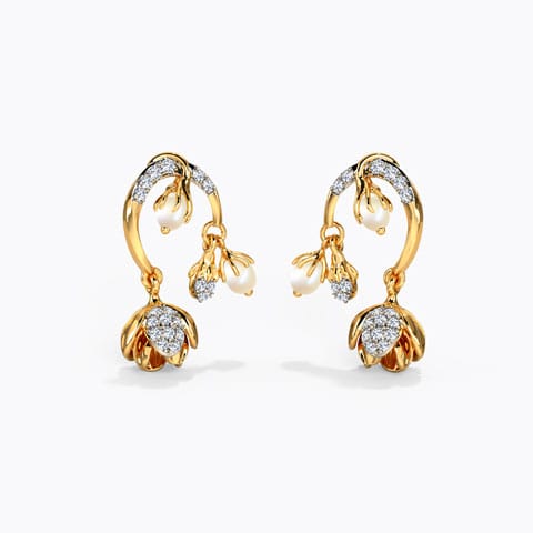 Bell Pearl Drop Earrings Diamond,Gemstone Earrings 14 Karat Yellow Gold Bell Pearl Drop Earrings