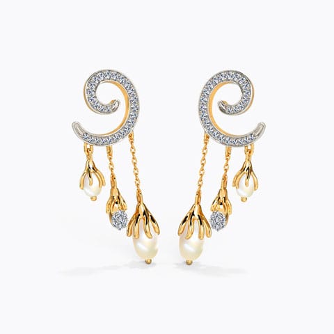 Swirl Pearl Drop Earrings Diamond,Gemstone Earrings 14 Karat Yellow Gold Swirl Pearl Drop Earrings